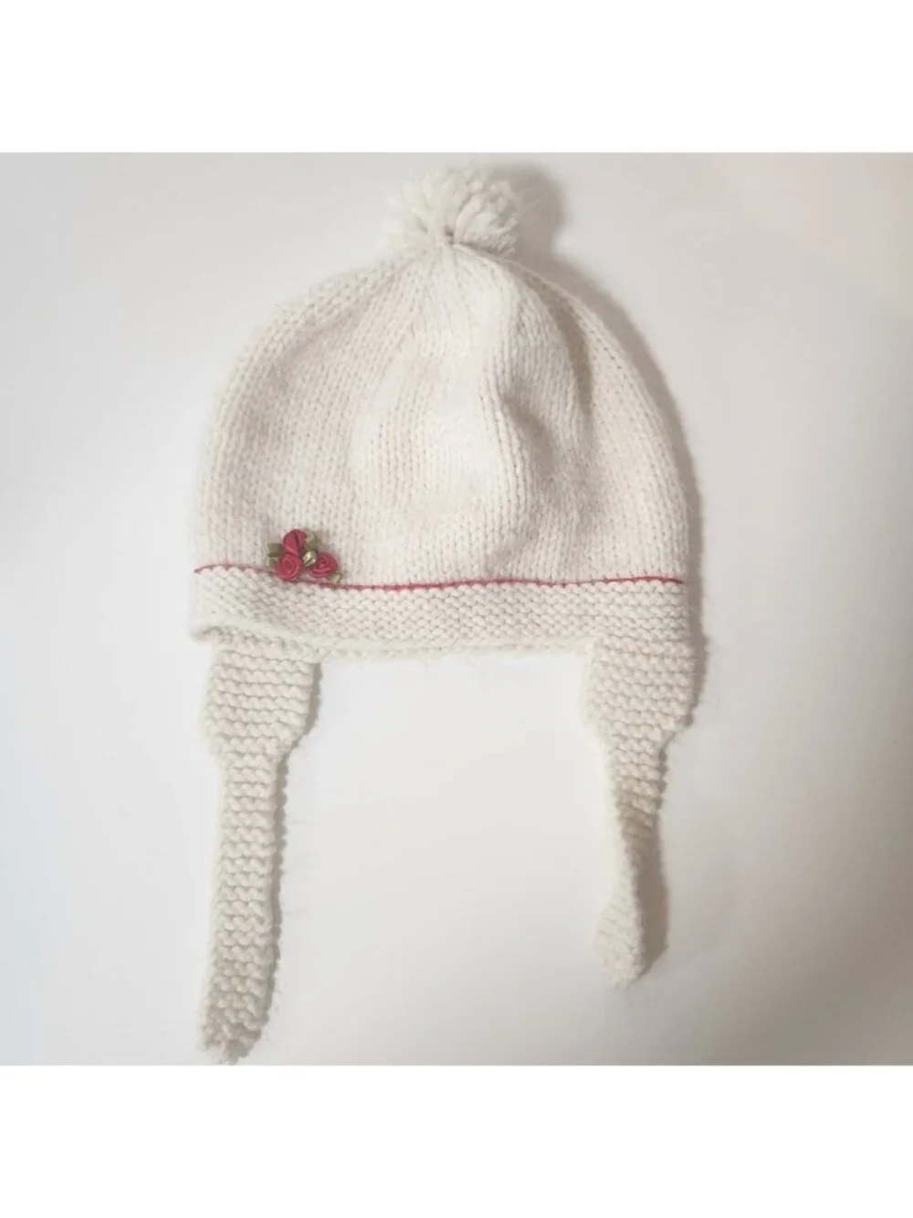 Handmade Knit Earflap Beanie Hat Cream White with Red Rose Accent Pom Pom